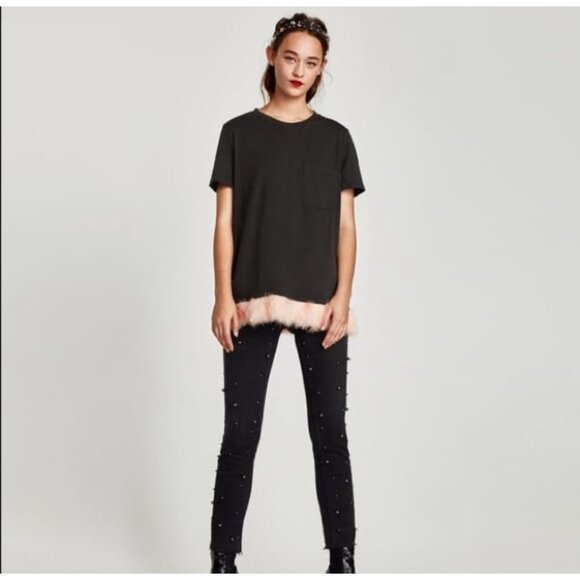 ZARA Faux Feather Trim T Shirt Sizs Small NEW with tags never worn - Picture 1 of 6